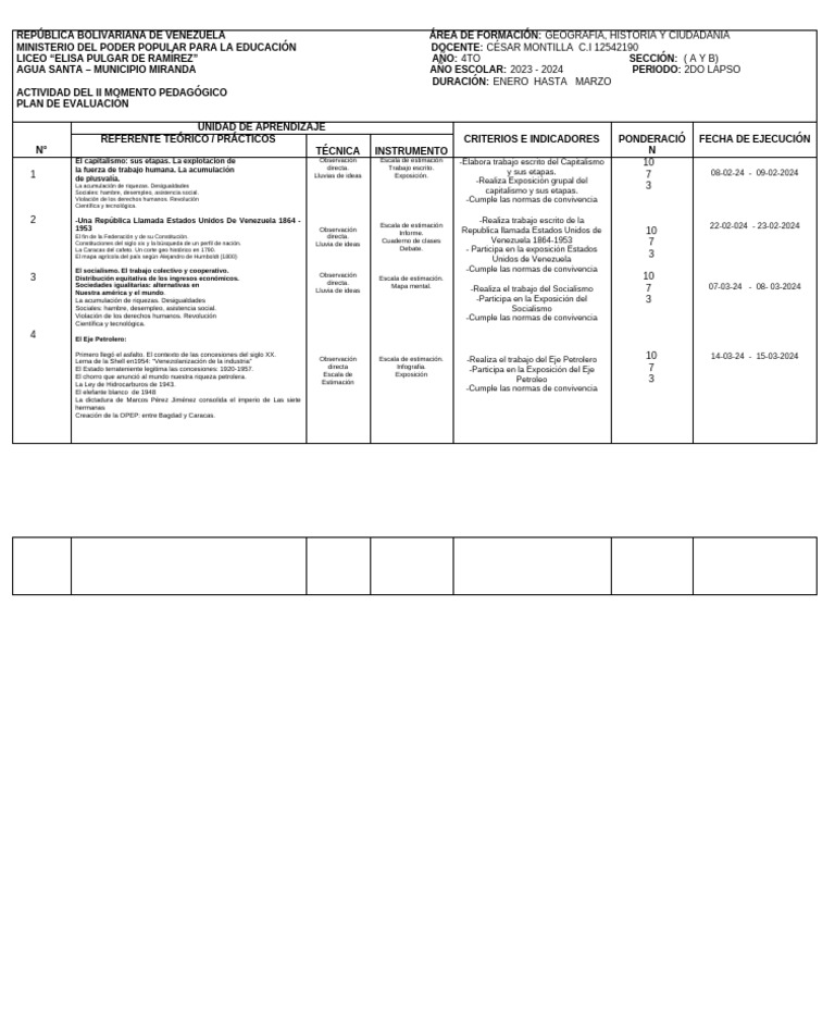 (Cesar) Plan de Evaluación de GHC 4to A y B 2do Lapso 2023-2024 | PDF