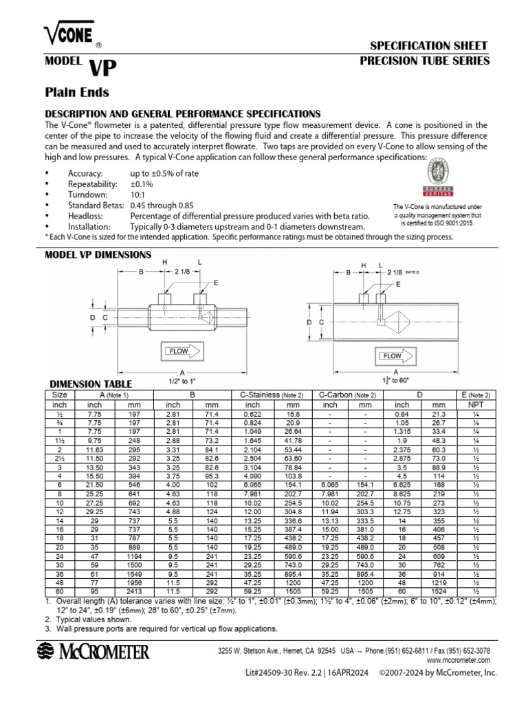 Plain Ends: Specification Sheet Model Precision Tube Series | PDF