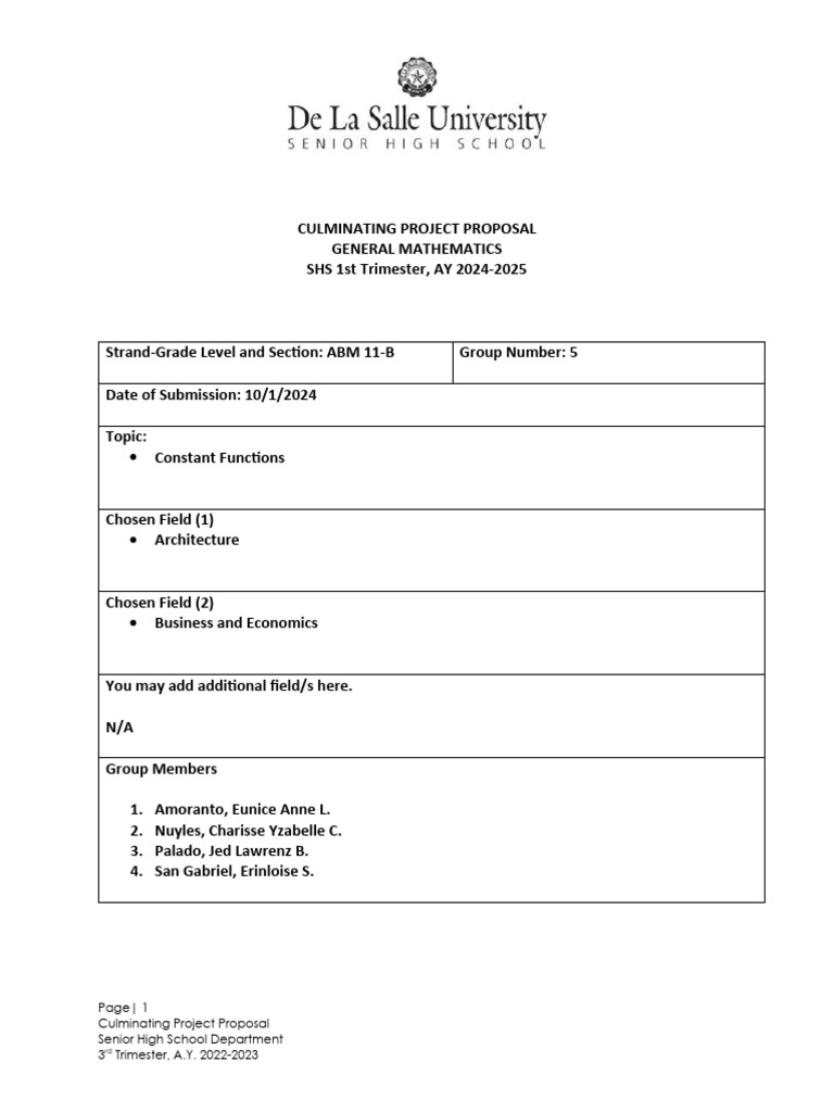 Gen Math Culminating Project Proposal Form AY 2024-2025 | PDF