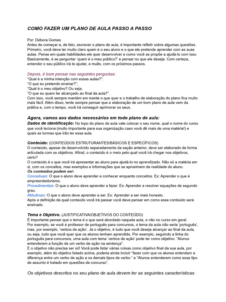 Como Fazer Um Plano de Aula Passo A Passo | PDF