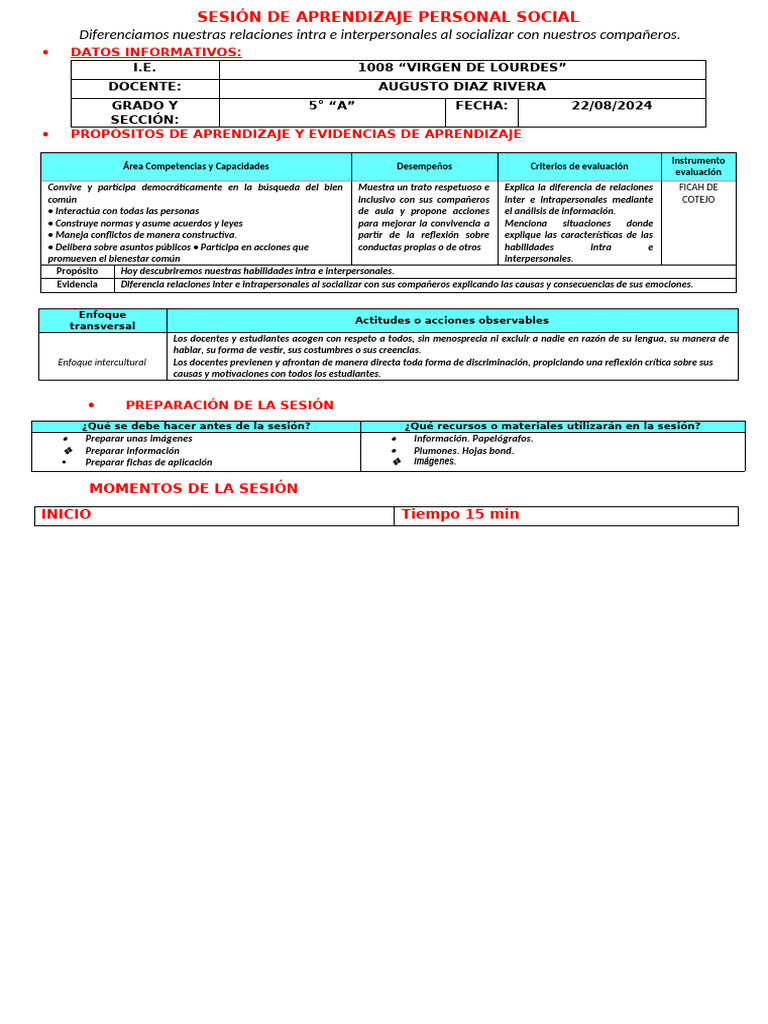 Segunda Secion de Aprendizaje Personal Social 22 de Agosto Jueves | PDF