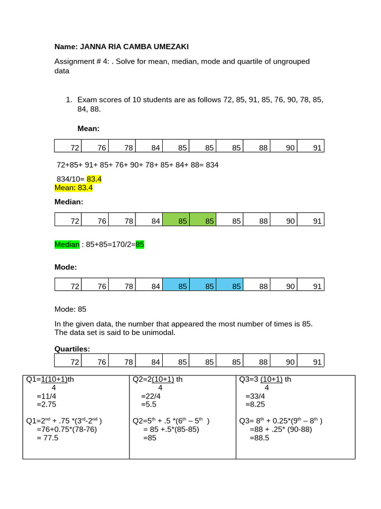 Assignment 4 Solve For Mean, Median, Mode and Quartile of Ungrouped ...