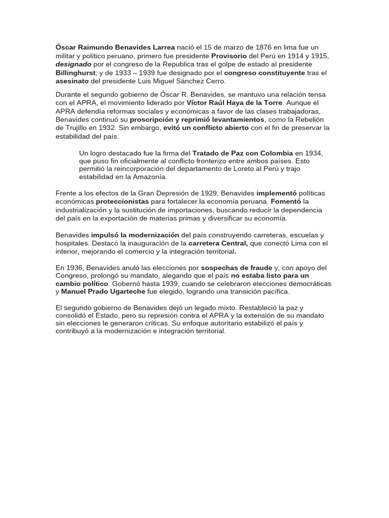 Óscar Raimundo Benavides Larrea Expo de Historia | PDF