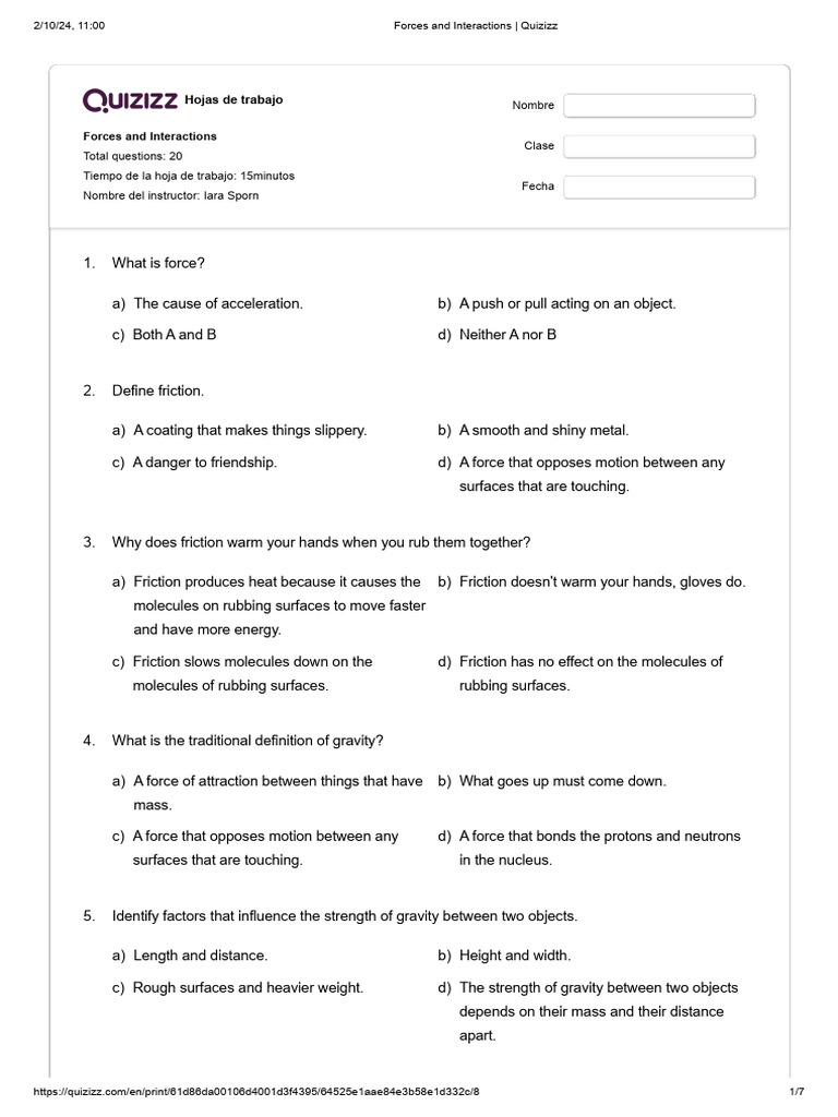 Quizizz - Forces and Interactions | PDF