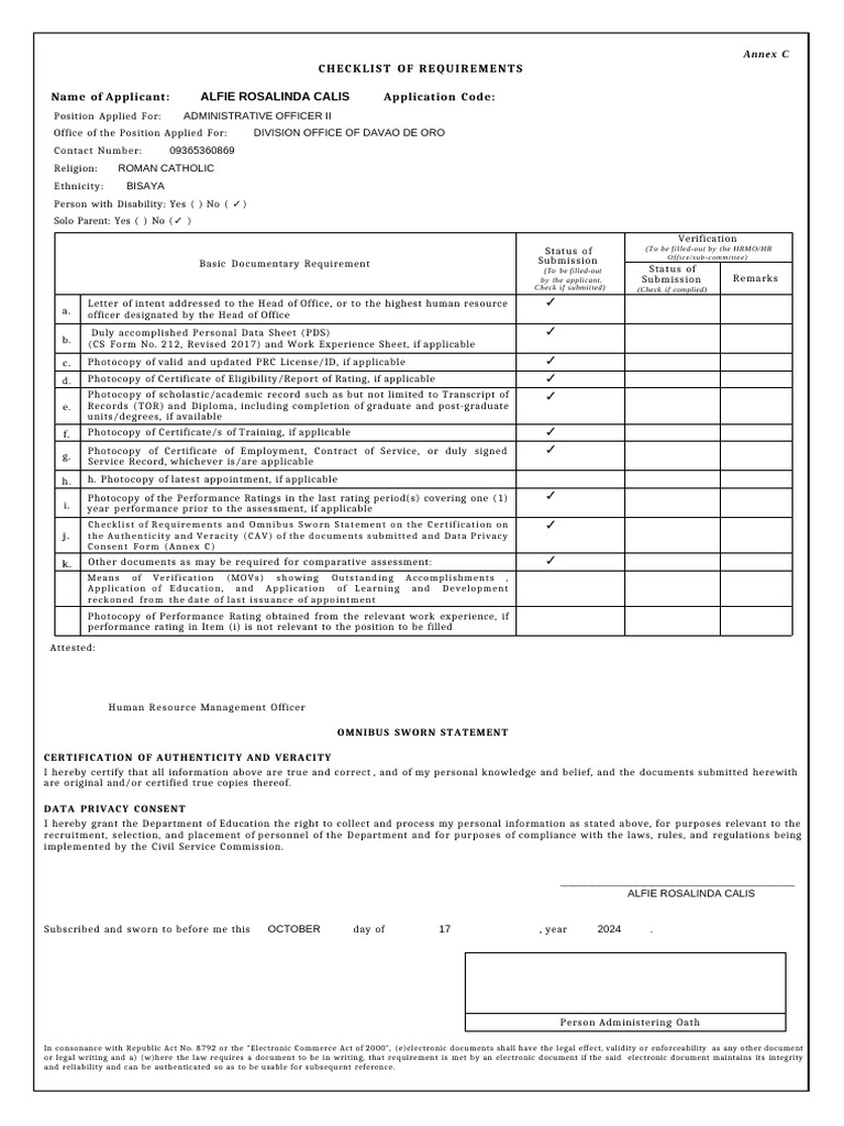ANNEX C Checklist of Requirements and Omnibus Sworn StatementCALIS1 | PDF