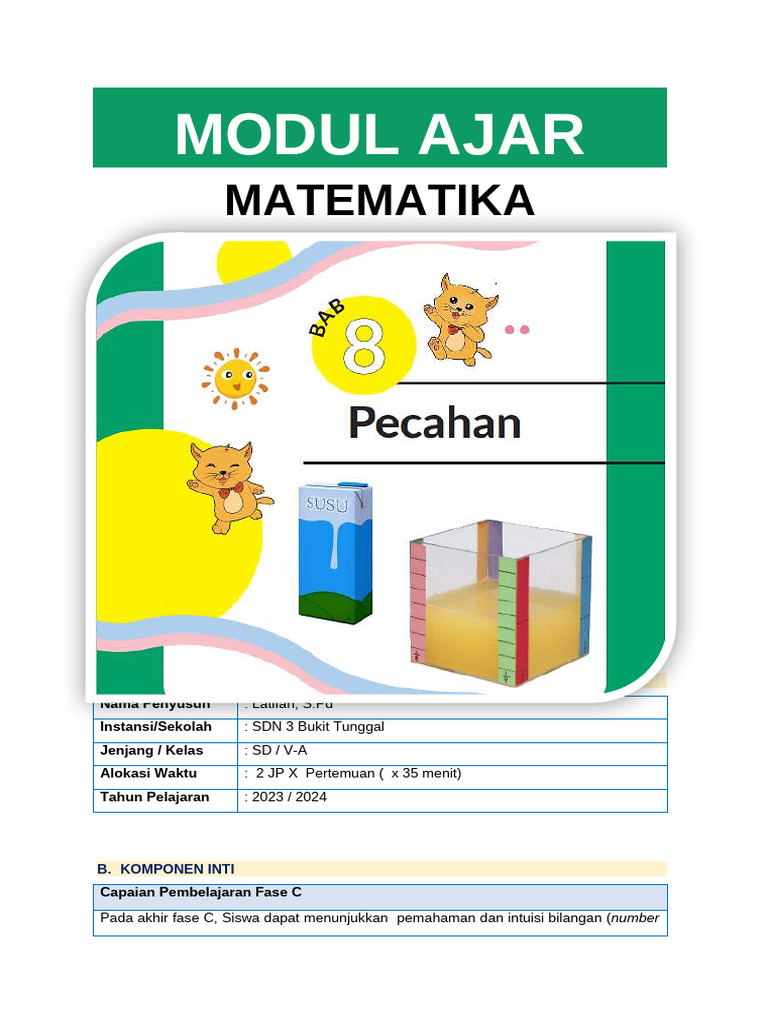 Modul Ajar MTK Kelas 5 A - BAB 8 Pecahan | PDF