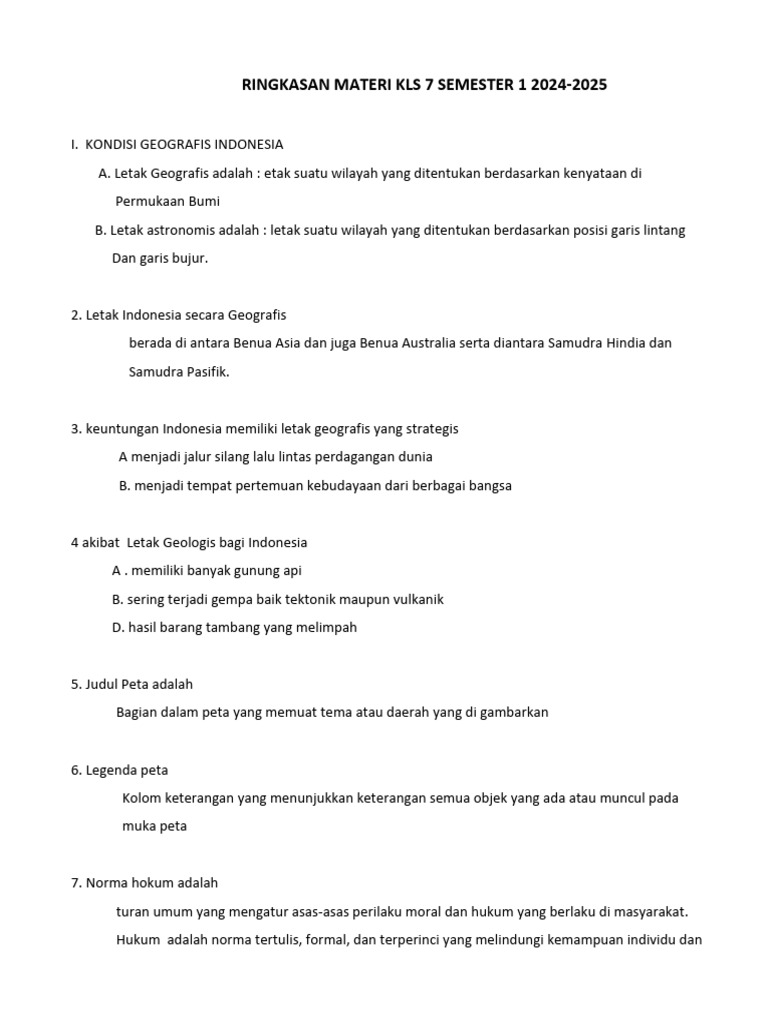 Ringkasan Materi KLS 7 Semester 1 2024 | PDF