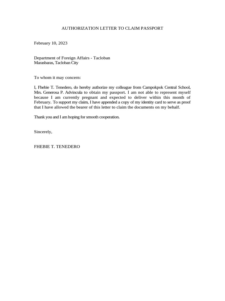 Authorization Letter To Claim Passport | PDF