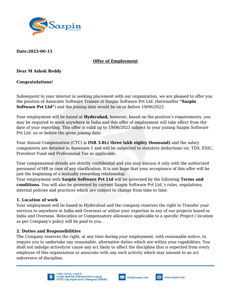 Offer Latter | PDF | Confidentiality | Employment