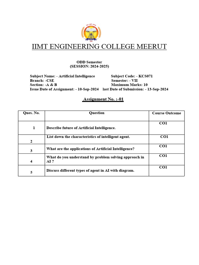 AI Assignment for IIMT CSE Students | PDF