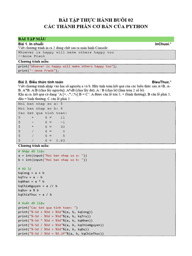 02 Lap Trinh Co Ban (TH) - Tong Quan Lap Trinh Trong Python | PDF