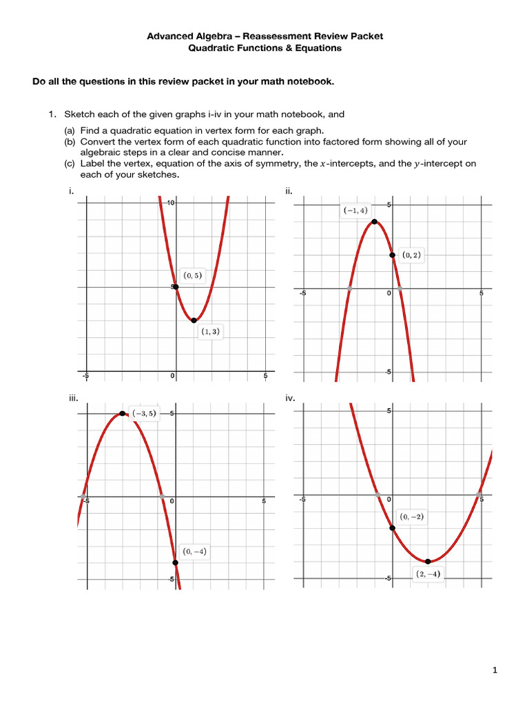 Advanced Algebra: Quadratic Functions Review | PDF | Mathematical ...