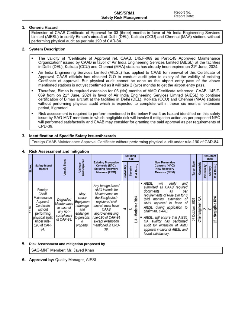 RISK ASSESSMENT in Favor of AIESL On July 2024 | PDF