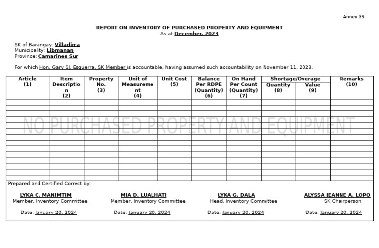 Barangay Property Inventory Report 2023 | PDF