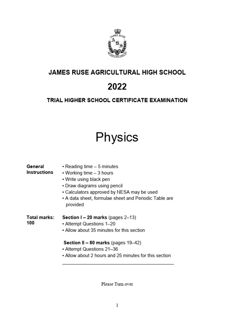 James Ruse 2022 Physics Trials & Solutions | PDF
