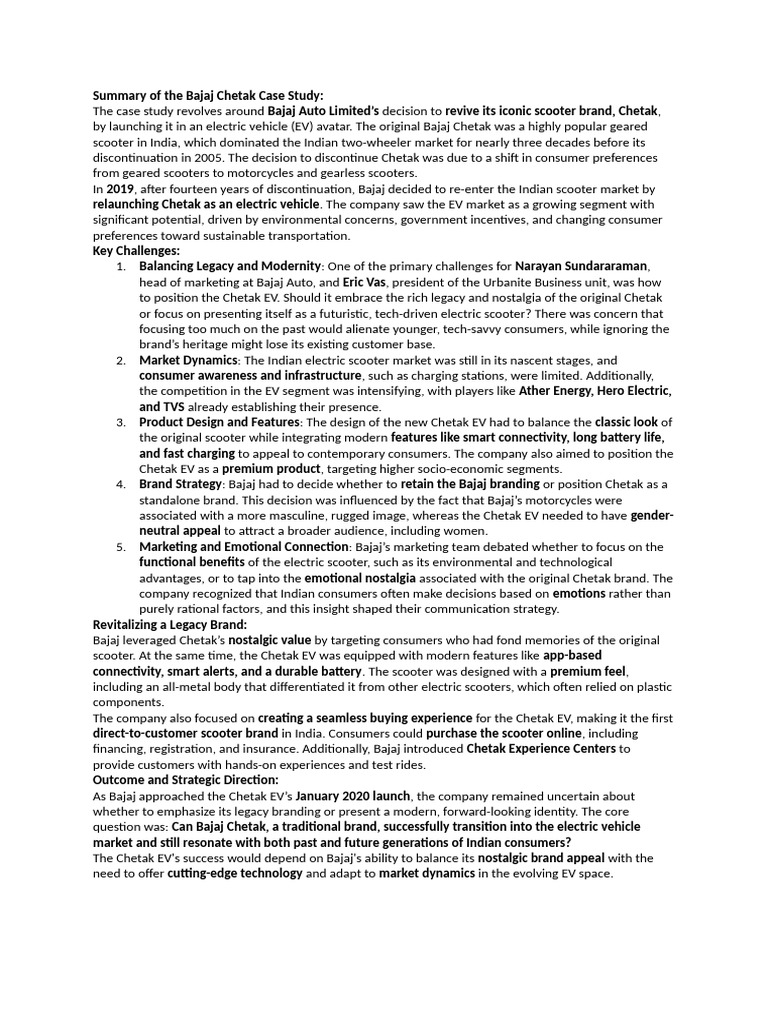 Summary Of The Bajaj Chetak Case Study Pdf