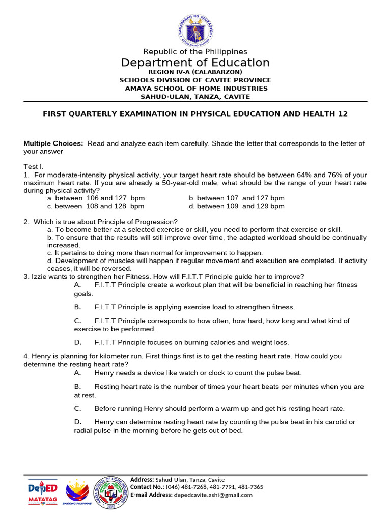 Cavite PE & Health Exam Questions | PDF | Physical Fitness | Pulse