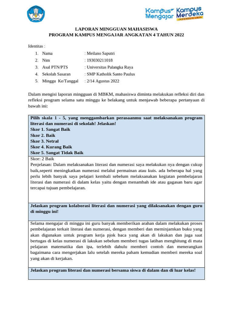 Format Laporan Mingguan Mahasiswa Km 4 Pdf
