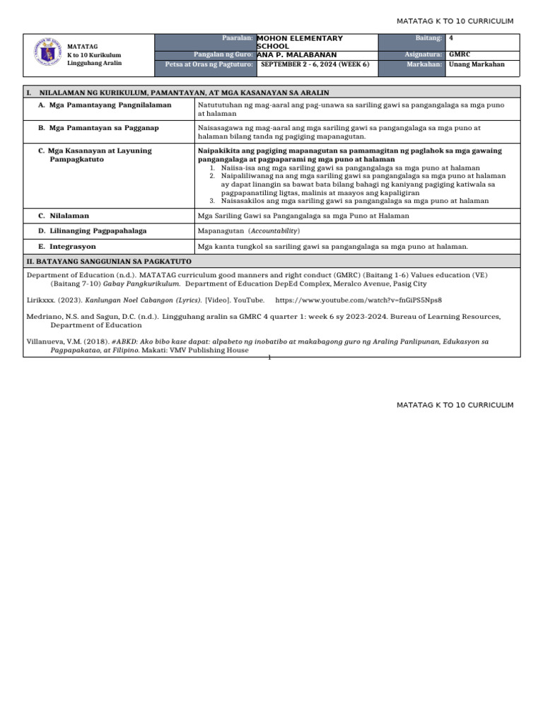 DLL Matatag - GMRC 4 Q1 W6 | PDF