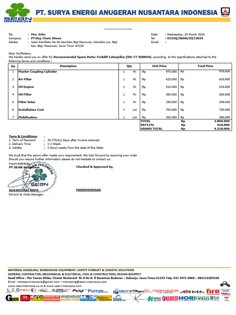 Penawaran Harga Recommended Spare Parts Pdf Supply Chain Management