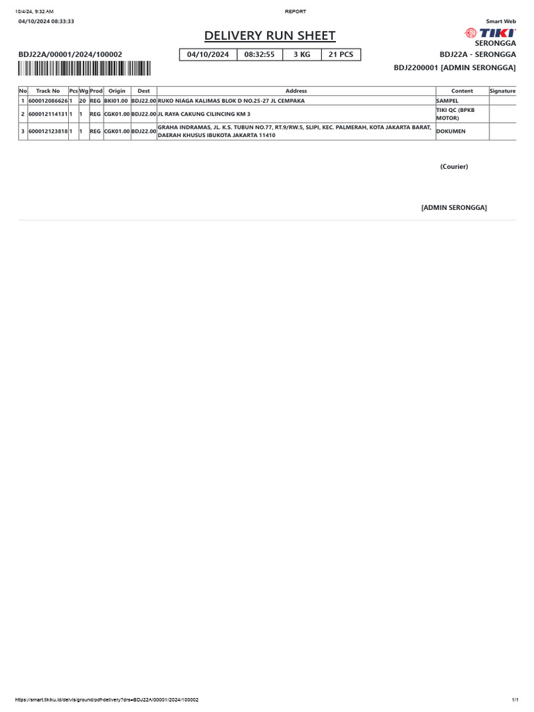 Delivery Run Sheet | PDF