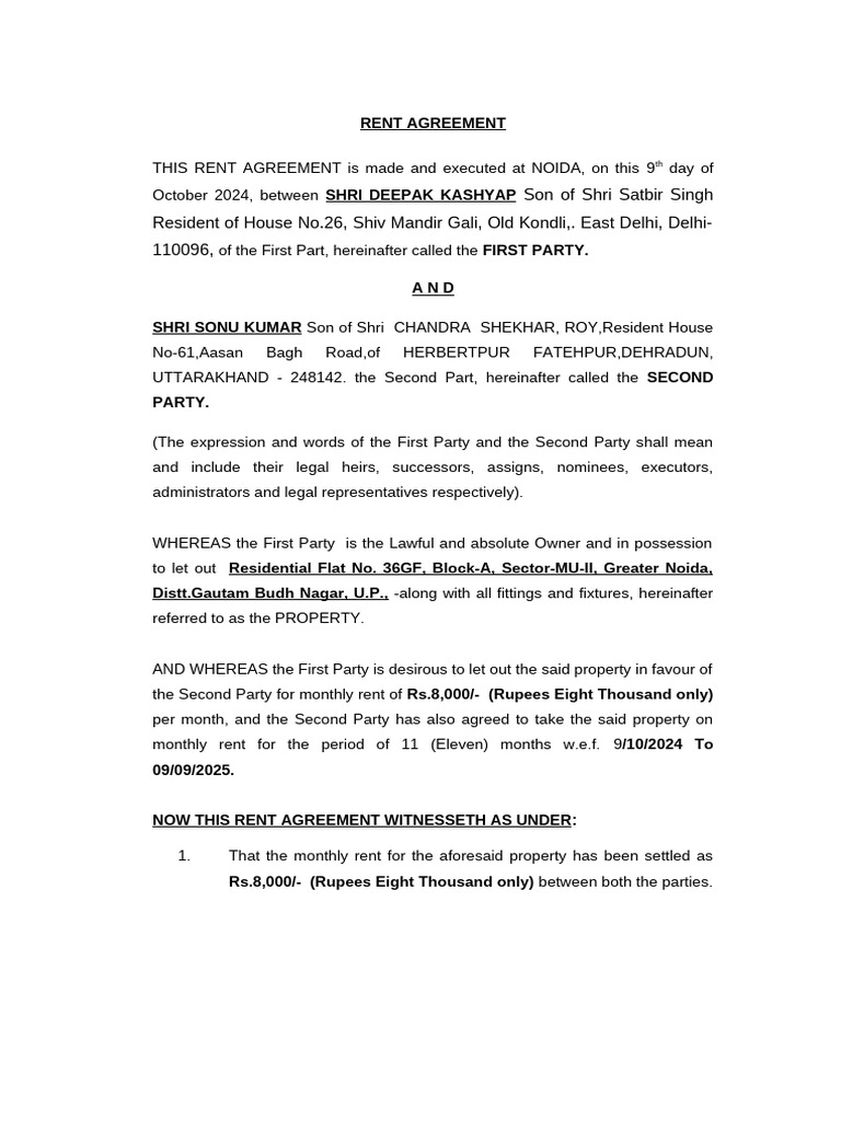 Greater Noida Rent Agreement 2024-2025 | PDF | Lease | Finance & Money ...