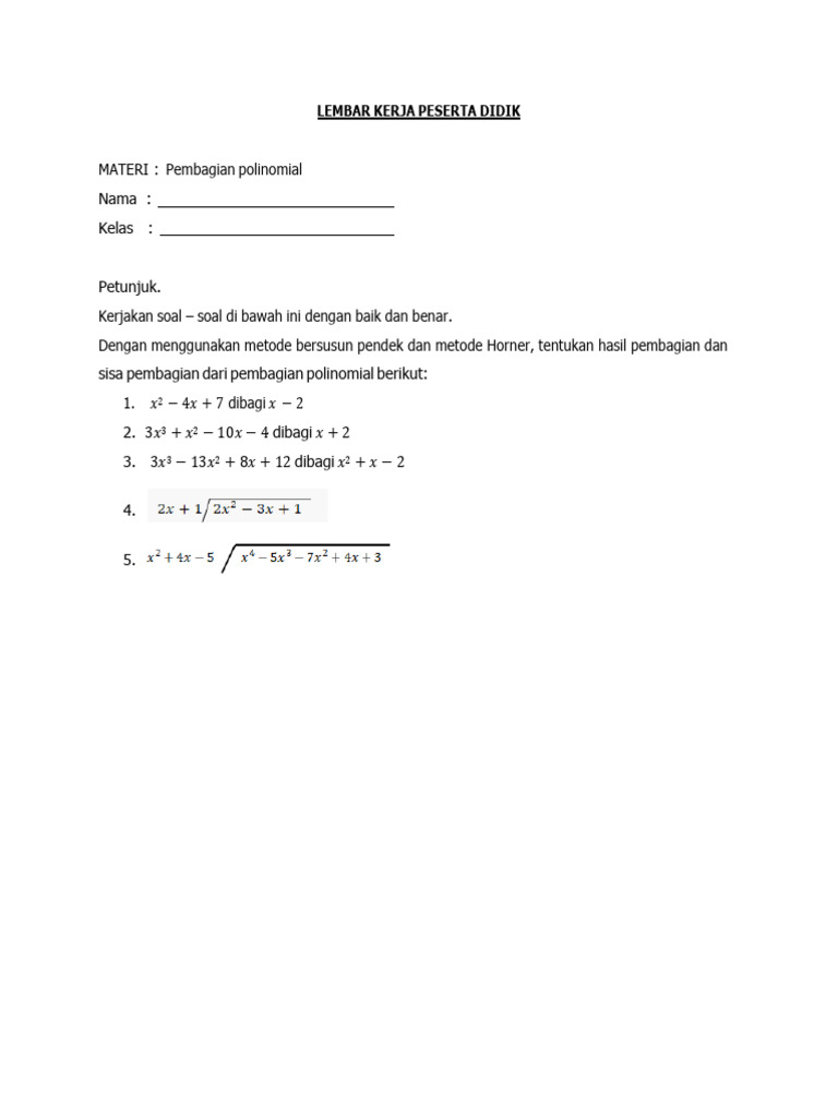 Lembar Latihan - Pembagian Polinomial Dengan Metode Bersusun Pendek Dan ...