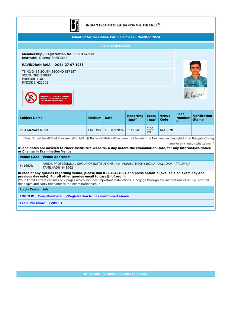 Admit Letter For Online CAIIB Electives - Nov/Dec 2024 Candidate ...