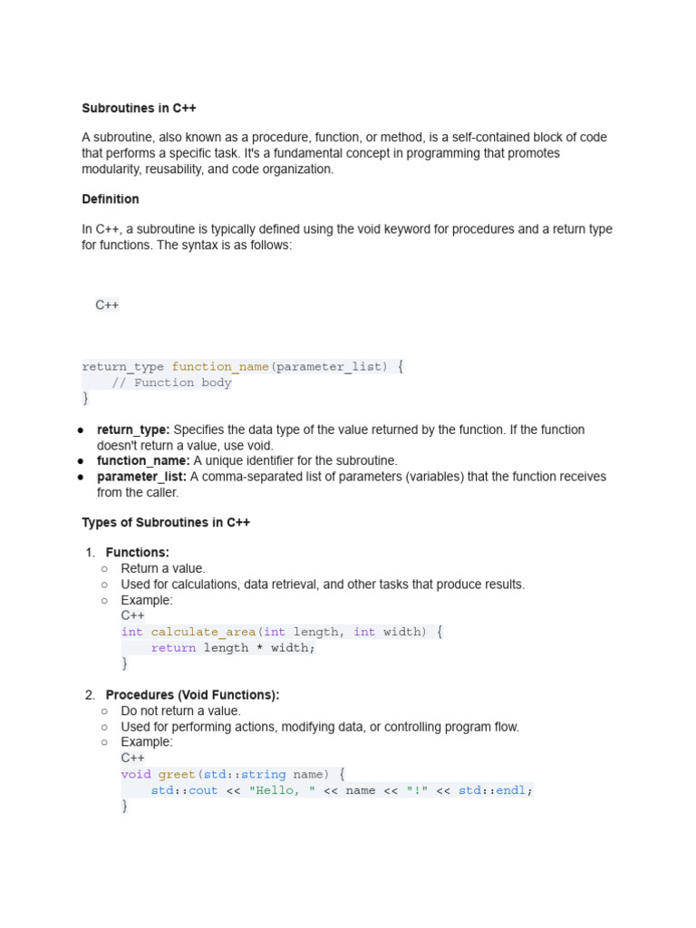 Subroutines Definition Types and Examples in C | PDF | C++ | Software ...