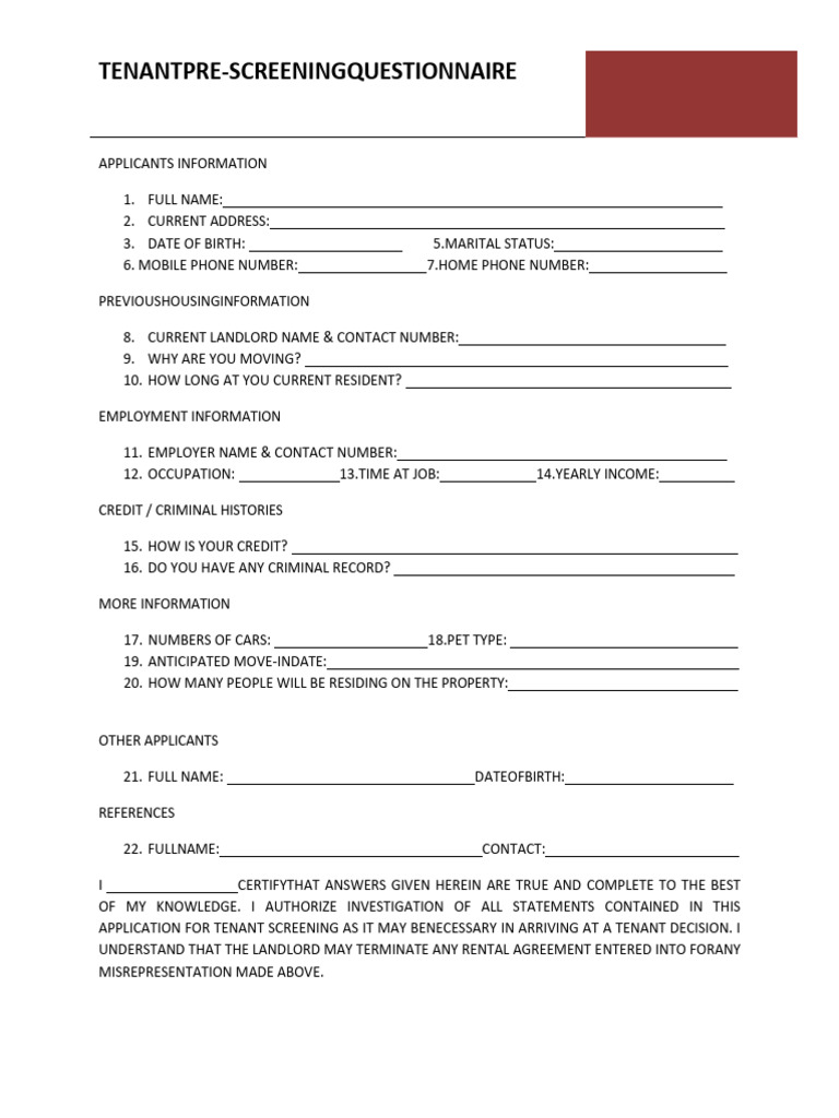 Questionnaire de pré-location locataire | PDF