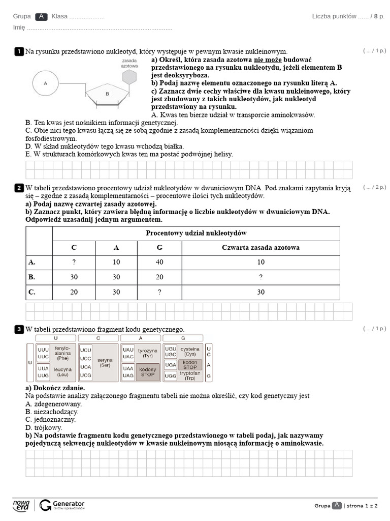 Kartk wka Genetyka Molekularna Podstawa Test Z Widoczn Punktacj PDF