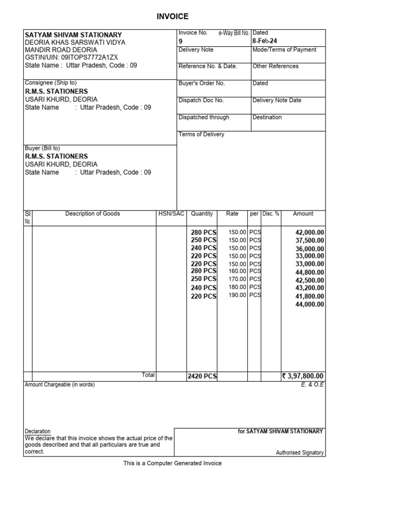 Invoice for Saraswati Vidya Mandir | PDF