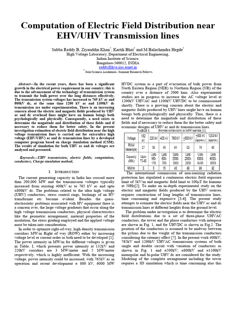 Computation of Electric Field Distribution Near EHV UHV Transmission ...