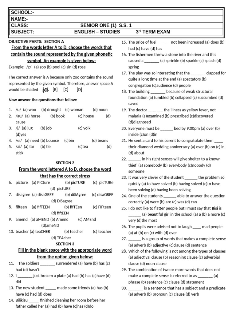 English Studies Ss1 3rd Term Exam | PDF