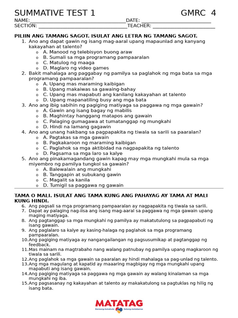 GMRC 4 SUMMATIVE 01 WK 1 & 2 | PDF