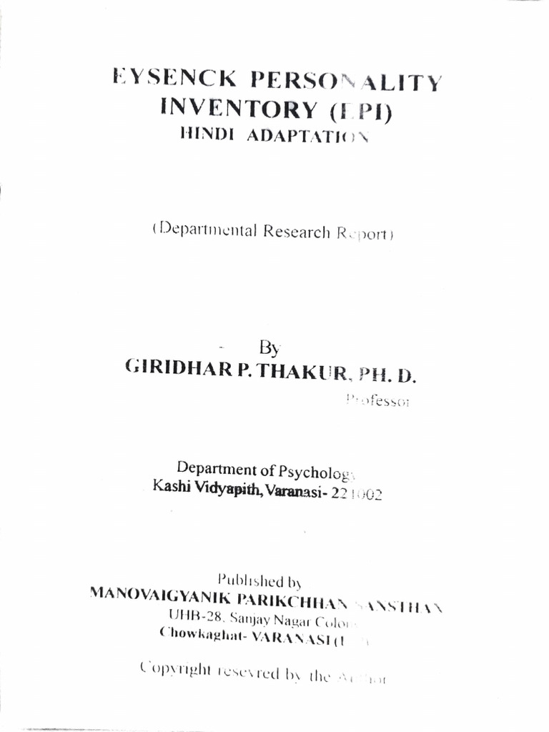 Eysenck Person Inventory Epi Hindi Adaptation Pdf