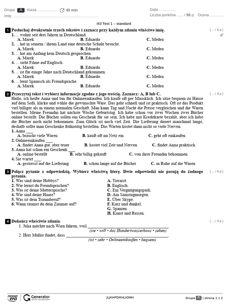  t3 test 1 standard test z widoczn punktacj pdf