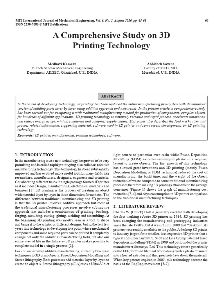 Comprehensive Study on 3D Printing | PDF | 3 D Printing | Technology ...