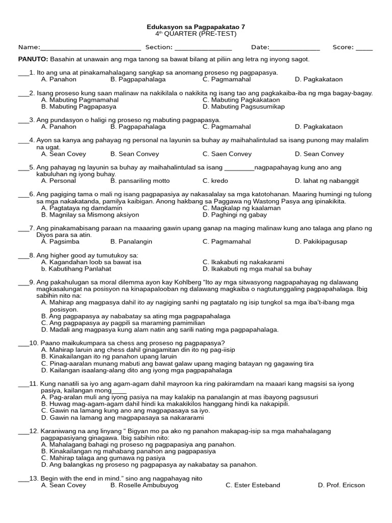EsP 4th QTR Pre Test | PDF