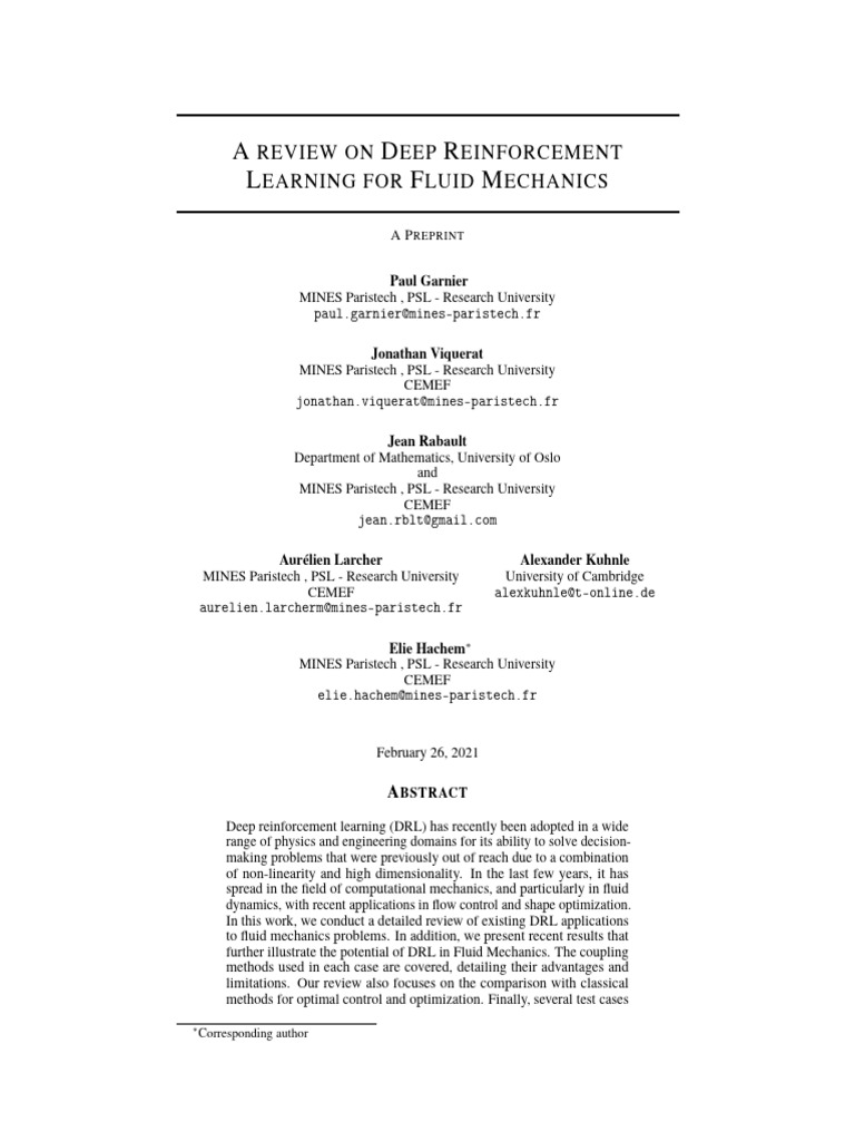 A Review On Deep Reinforcement Learning For Fluid Mechanics | PDF