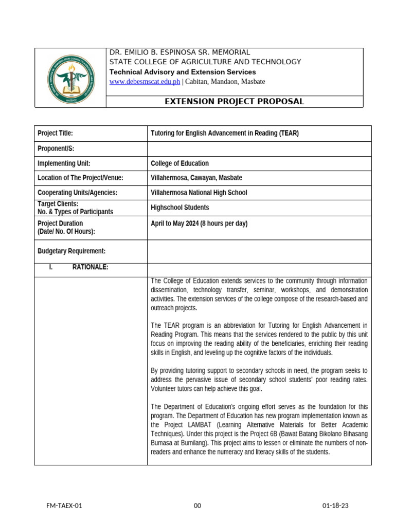 FM-TAEX-01 Extension Project Proposal | PDF | Cognition | Business