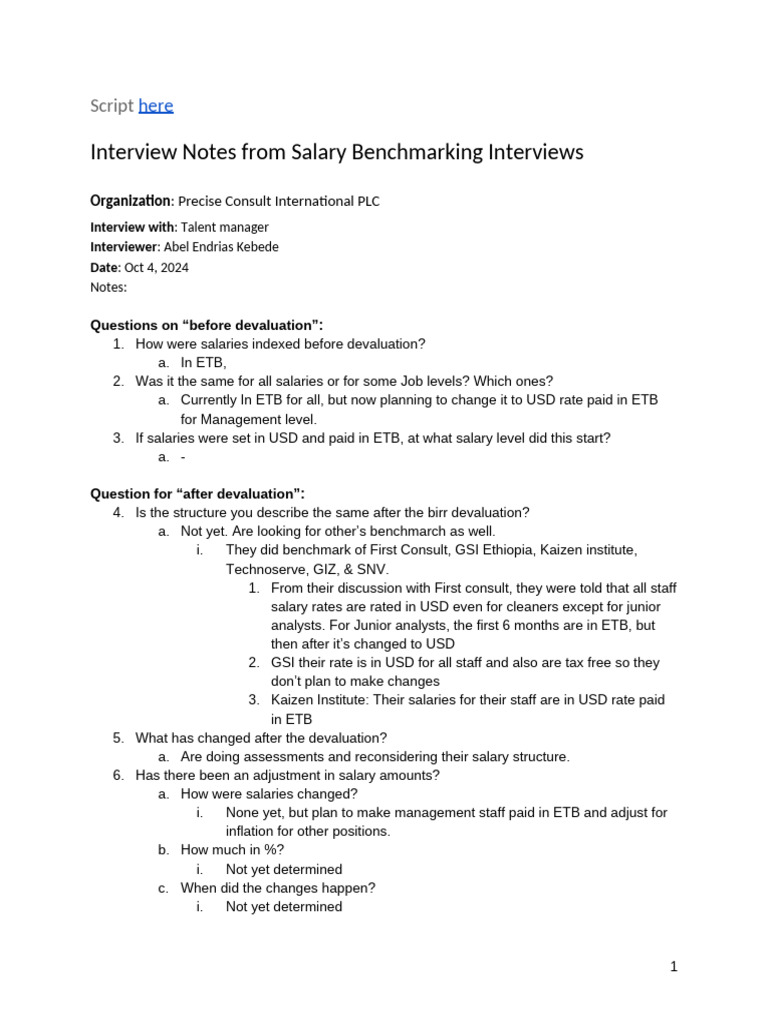Interview Notes From Salary Benchmarking Interviews - Oct 2024 | PDF