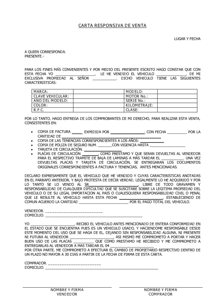 Formato Carta Responsiva Automovil Pdf