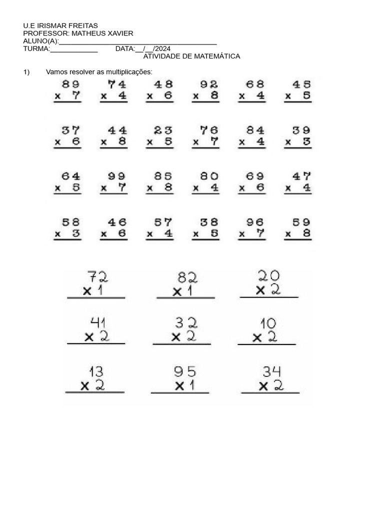 Atividade 6º Ano - Multiplicação | PDF