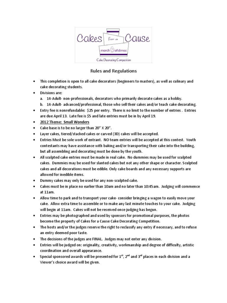 Cakes for a Cause Cake Decorating Competion Rules and Regulations Entry