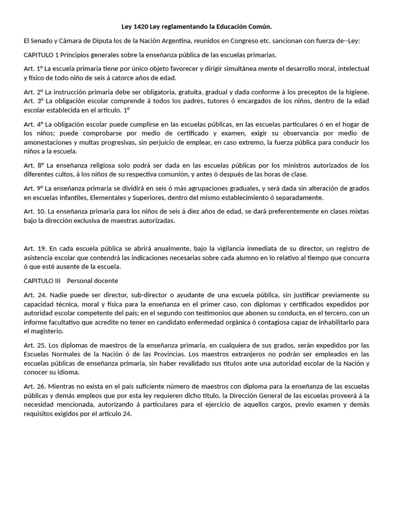 Ley 1420: Educación Primaria Obligatoria en Argentina | PDF | Educación ...