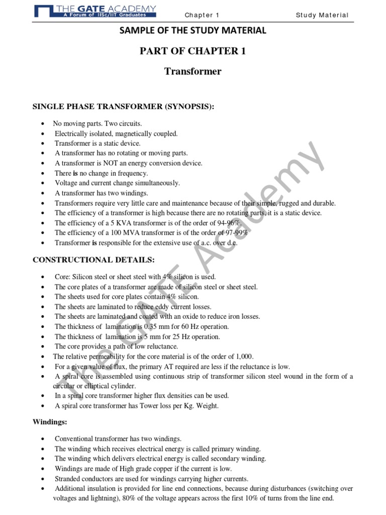 Sample of The Study Material Part of Chapter 1 Transformer: Single ...