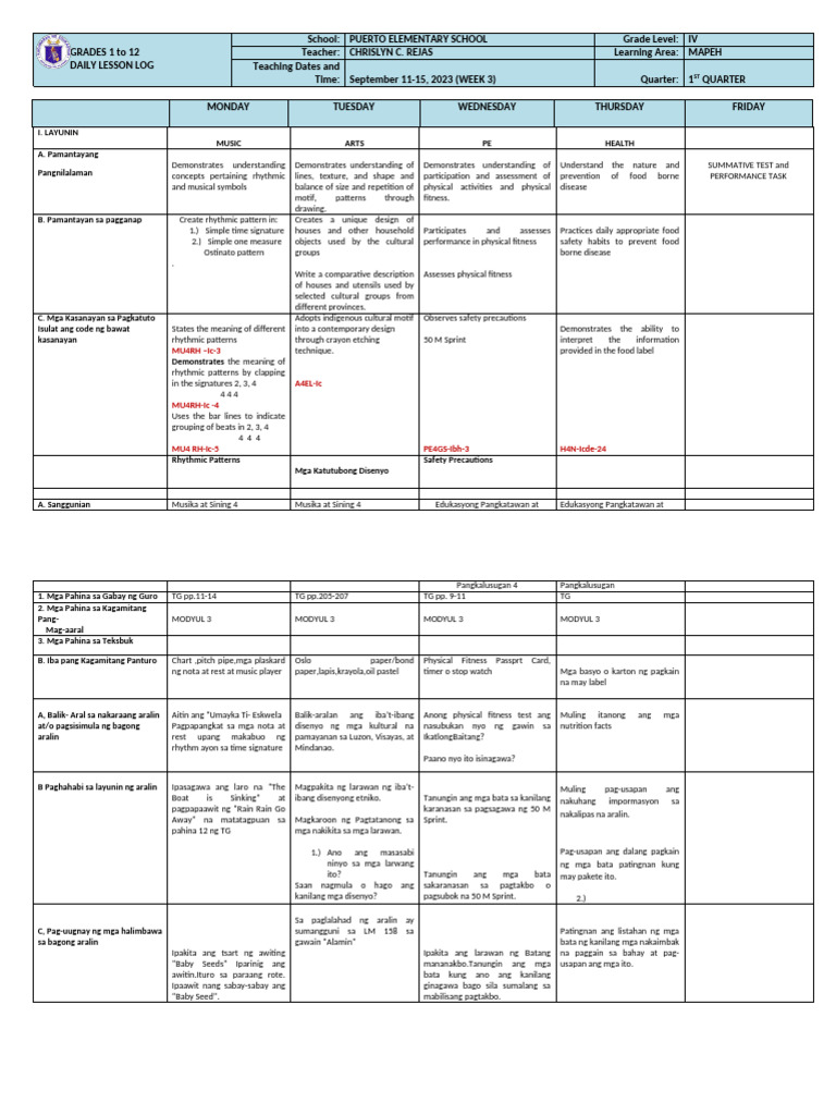 Mapeh 4 - Q1 - W3 DLL | PDF
