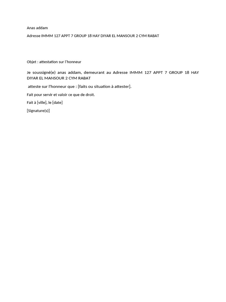 Modele D Attestation Sur L Honneur | PDF