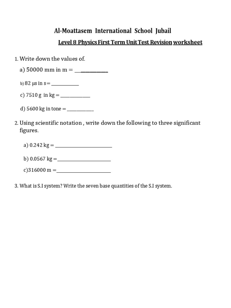 Level - 8 - Unit Test Physics - Revision Work Sheet 25 | PDF